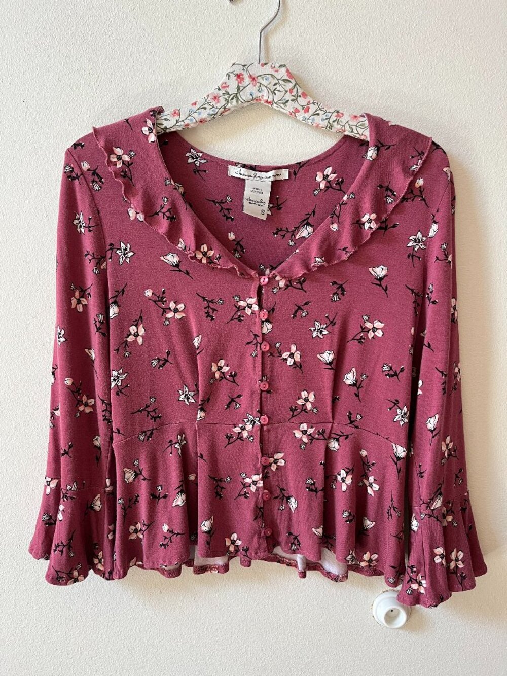 American Rag Floral Peplum Button Down Blouse Bell Sleeve Ruffle Top S
